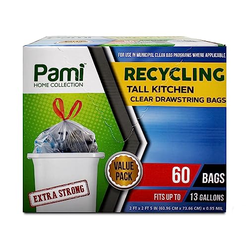 PAMI Recycling Tall Kitchen Drawstring Trash Bags- Extra-Strong Plastic Garbage Bags- Thick Trash Can Liners For Kitchen & Outdoor Bins- 2ft x2ft Unscented Trash Bags (13 Gallon – 60 Count – Clear) - style: 13 Gallon – 60 Count – Clear