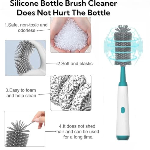 Electric Bottle Brush Set, 6-in-1 Electric Cleaning Brush with Waterproof Silicone Cleaner, 3 Replaceable Brush Heads, Straw Brush & Extension Rod, for Baby Feeding Supplies and Kitchen Utensils - color: Malachite Green