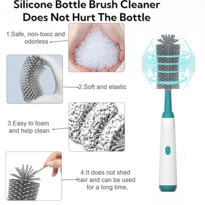 Electric Bottle Brush Set, 6-in-1 Electric Cleaning Brush with Waterproof Silicone Cleaner, 3 Replaceable Brush Heads, Straw Brush & Extension Rod, for Baby Feeding Supplies and Kitchen Utensils - color: Malachite Green