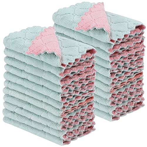 22 Pack Kitchen Dish Cloths, Reusable Dish Towels, Nonstick Oil Washable Fast Drying, Super Absorbent Coral Velvet Cleaning Cloths for Cleaning Tableware, Kitchen, Bathroom (Pink-green-10" x 6") - color: Pink-green22