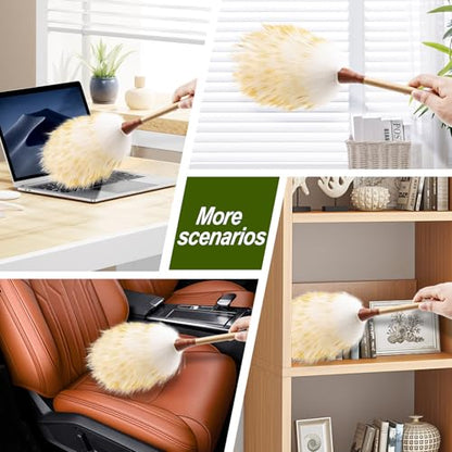 Natural Lambswool Duster 16 Inch Handheld with Wooden Handle Duster Dusting Tool for Blinds Electronics Furniture Delicate Surfaces (2Pcs) - size: 16inch