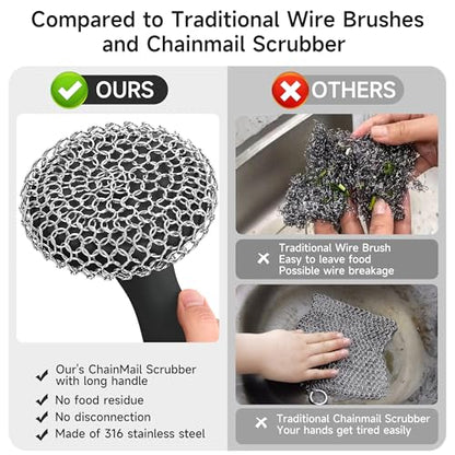 SUBEKYU Cast Iron Scrubber with Silicone Handle, Stainless Steel Skillet Cleaner for Cast Iron Pans (Black Scrubber + Scraper) - color: Black Scrubber + Scraper