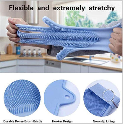 Silicone Dishwashing Gloves, Pet Grooming Rubber Scrubbing for Dishes, Sponge Wash Cleaning with Scrubbers (13.6" L) - color: Blue