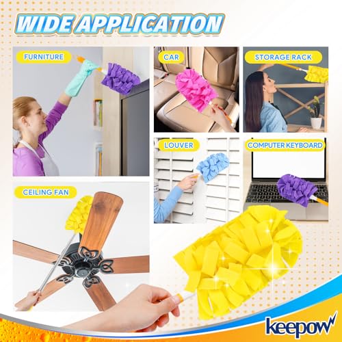 KEEPOW Reusable Duster Refill Compatible with Swiffer Hand Duster, Heavy Duty Duster Refills, 360 Degree Dusters Refills for Cleaning, Fleece Refill Ceiling Fan, 4 Pack (Handle is Not Included) - color: 1yellow+1blue+1purple+1rose Red, size: 4 Pack