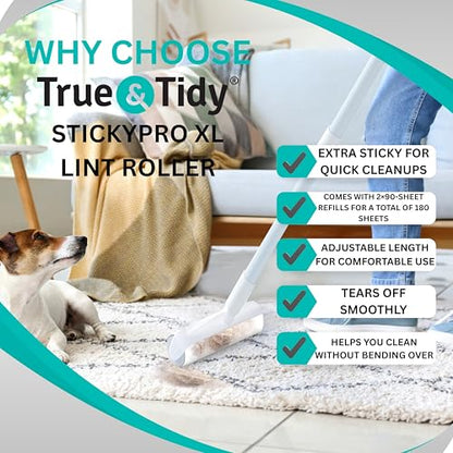 True & Tidy StickyPro XL Lint Roller Value Set with 2 Lint Roller Refills, Heavy-Duty Durable, Adjustable Handle Works Great on Pet Hair, Clothing, Furniture and More, 180 Sheets Total, Refillable - size: Lint Roller with 2 Refills