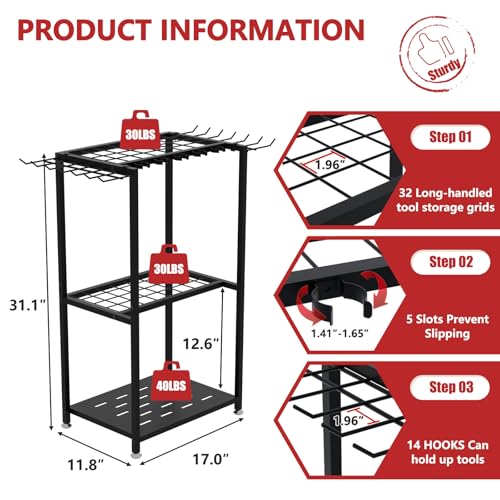 Faesun Garden Tool Organizer, 3-Tier Metal Yard Tool Rack with 14 Hooks & 5 Slots, Holds 50+ Rakes/Shovels/Brooms, Heavy Duty Freestanding Lawn Tool Storage for Garage Shed Outdoor Organization - size: Stand