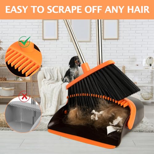 2-Pack Broom and Dustpan Set with Long Handle, Heavy Dust Broom and Dustpan Combo for Home，Kitchen, Office, Pet Hair (Brown Orange) - color: Brown Orange 2-pack