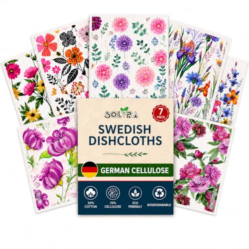 7 PCS Flower Print Swedish Dishcloths for Kitchen 100% Biodegradable, Reusable Cellulose Sponge Cloths Ultra Absorbent, Eco Friendly Cleaning Towels Dishcloths for Washing Dishes & General Cleaning - color: 7 Pcs-flowers Print