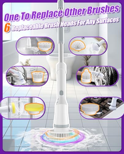 6-in-1 Cordless Electric Spin Scrubber with Long Handle | IPX7 wet-area design, 2 speeds, 47.2 in extendable reach for tile, tub, floor, and kitchen cleaning - size: 6heads