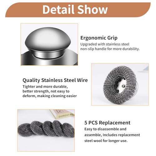 6Pcs Steel Wool Scrubber with Replacement Wire Pads Set, Stainless Steel Scrubber with Handle for Scouring Stubborn Messes from Cast Iron, Pots, Pans, Grill, Stoves, Sink(1 Scrubber+5 Pads)