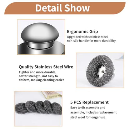 6Pcs Steel Wool Scrubber with Replacement Wire Pads Set, Stainless Steel Scrubber with Handle for Scouring Stubborn Messes from Cast Iron, Pots, Pans, Grill, Stoves, Sink(1 Scrubber+5 Pads)