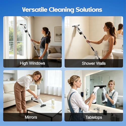 Window Vacuum Squeegee Cordless, 2200mAh Electric Window Squeegee Vacuum with 0.8-1M Extendable Pole, 2000Pa Window Sill Cleaning Tools, for High Windows, Shower Glass, Car, Kitchen