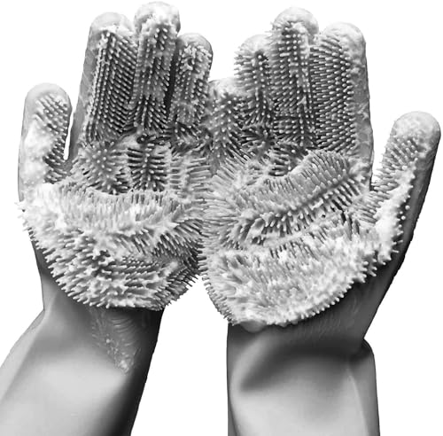 Silicone Dishwashing Gloves with Scrubber Bristles, Food-Grade Cleaning Mitts for Kitchen Dishes, Pet Grooming & Car Wash - color: Grey