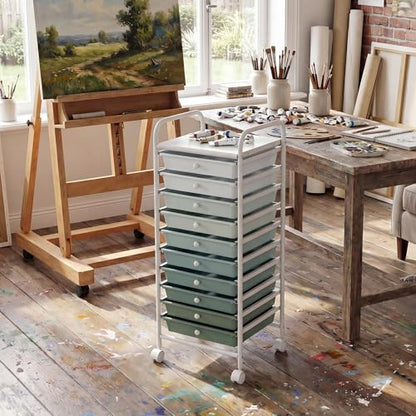 COSTWAY 10-Drawer Rolling Storage Cart, Utility Mobile Trolley with Removable Drawers & Universal Casters & 2 Brakes (Green Gradient,13"L x 15"W x 34"H (10 Drawer)) - color: Green Gradient, size: 13"L x 15"W x 34"H (10 Drawer)