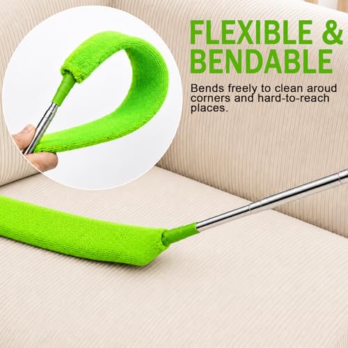 Retractable Gap Dust Cleaner with Extension Pole 30'' to 100'', Cleaning Tools with 3 Microfiber Dusting Cloths, Extendable Long Handle Duster for Cleaning Under Refrigerator Furniture Appliance Green - color: Green