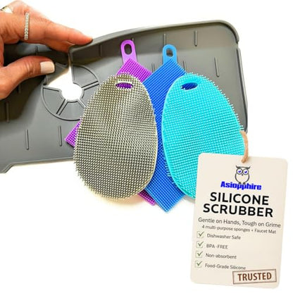 Faucet Mat for Sink - Silicone Scrubber Dish Set, Splash Guard, Food Grade BPA Free Kitchen Scrubber - color: 4sponges+1mat
