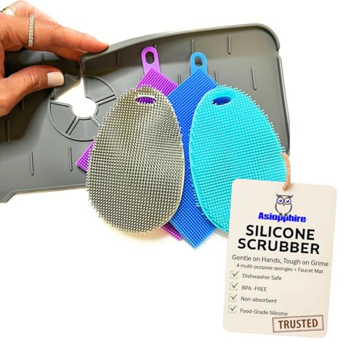 Faucet Mat for Sink - Silicone Scrubber Dish Set, Splash Guard, Food Grade BPA Free Kitchen Scrubber - color: 4sponges+1mat