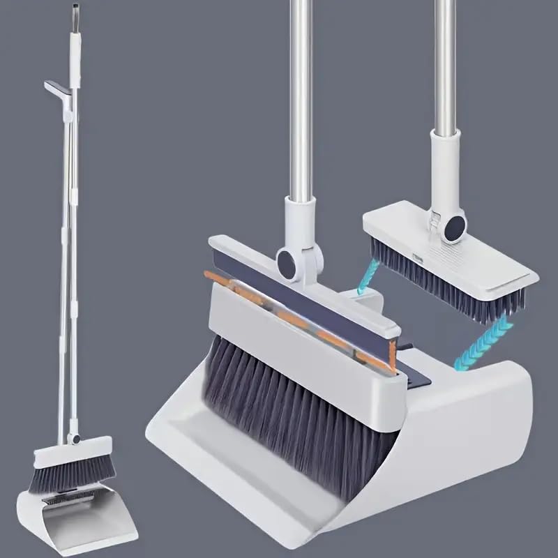 4-in-1 Broom and Dustpan Set with Floor Brush, White Stainless Steel Long Handle, Upright Standing Design for Home Office Kitchen, Squeegee Cleaning Tools Combo
