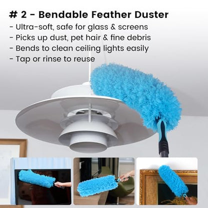 Ceiling Fan Duster Kit - 5-in-1 Cobweb Feather Duster & Squeegee Heads - Washable Bendable Microfiber - Fits Standard 3/4" Pole, Blue - size: 5PC-kit1
