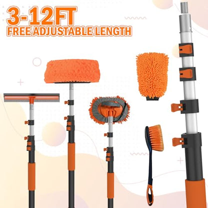 LAANPOLE 12FT Car Wash Brush with Long Handle, Car Cleaning Kit with Soft Bristle Wash Brush, Microfiber Cleaning Mop, Window Squeegee, Mitt, Wheel Brush for RV, Truck, Boat, House Siding - size: 12FT