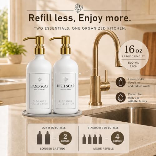 Fachixy White Glass Soap Dispenser (2 Pack), 16 Fl Oz Hand & Dish Soap Dispenser Bottles Set with Leak-Resistant Stainless Steel Pump, Non-Slip Pad, 14 Waterproof Labels for Kitchen and Bathroom - color: White