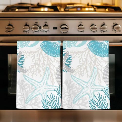 Turquoise Coastal Kitchen Towels Set of 3, Ultra Absorbent Dish Towels Quick Drying Microfiber Hand Towel Decorative Grey Teal Beige Coral Starfish Nautical Tea Towel Dishcloths for Kitchen 18"x28" - color: Teal Green, Gray, size: 3 Pack