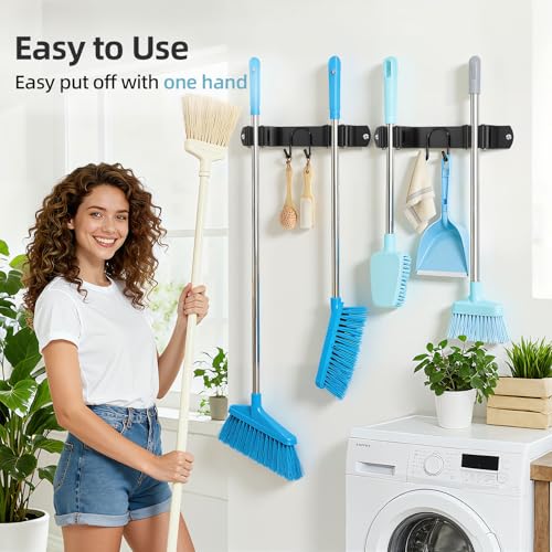 Broom Holder Wall Mount, 2-Pack Stainless Steel Mop and Broom Organizer, Broom Hanger with 2 Slots 2 Hooks for Home Kitchen, Garage, Garden and Laundry Room, Black - color: Black-2 Pack