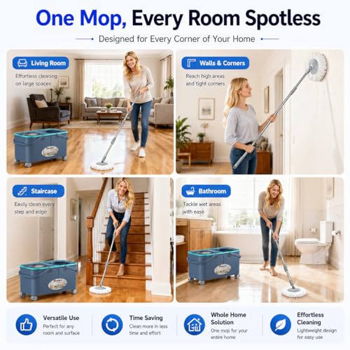 Mop and Bucket Set with Clean & Dirty Water Separation, Spin Mop with 360° Wheels & Drain, 6 Microfiber Heads,Adjustable Handle for Pet Owners, Kitchen, Bathroom, Hardwood & Tile Floors - color: Grey/Blue