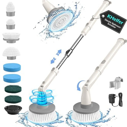 kHelfer Electric Spin Scrubber, 2025 New Shower Scrubber 8 Replacement Head, 1.5H Cordless Bathroom Scrubber Dual Speed, Shower Cleaning Brush with Extension Arm for Bathtub Tile Floor