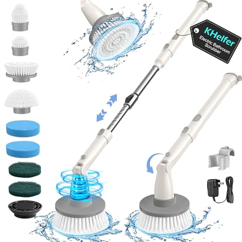 kHelfer Electric Spin Scrubber, 2025 New Shower Scrubber 8 Replacement Head, 1.5H Cordless Bathroom Scrubber Dual Speed, Shower Cleaning Brush with Extension Arm for Bathtub Tile Floor