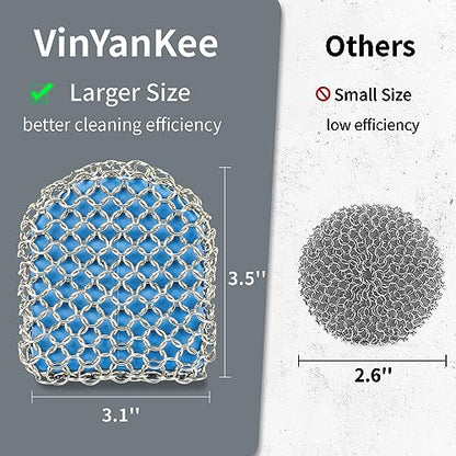 Cast Iron Scrubber with Pan Scraper, 316 Chainmail Scrubber, Upgraded Chain Mail Scrubber Sponge, Cast Iron Cleaner for Grill Pan Skillet Wok Carbon Steel, Dutch Oven Metal Brush Cleaning Kit, Blue - color: Blue