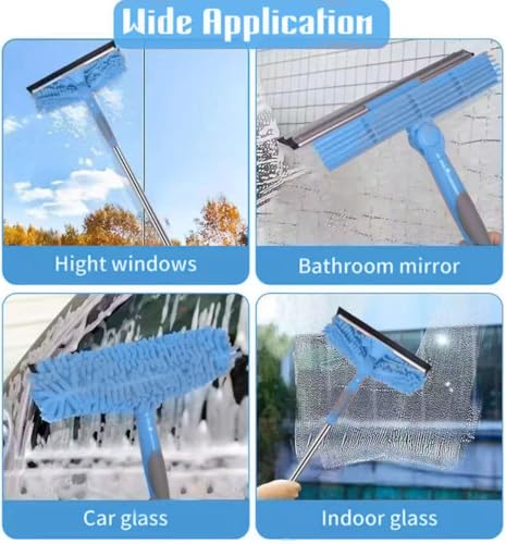 68'' Window Squeegee Cleaner Kit - 2-in-1 Rotatable Window Cleaning Tool with Extension Pole, Professional Streak-Free Squeegee with Bendable Head for Indoor/Outdoor Windows Car Glass (Blue, 38.45FT) - color: Blue