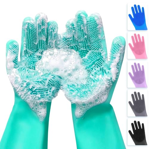 ALPENKOK Silicone Dishwashing Gloves with Scrubber – Non-Slip Silicone Gloves for Washing Dishes | Household Use - color: Turquoise