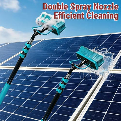 HOLDWELL 24FT Water Fed Pole Cleaning System, Extendable High-Window Brush with Soap Dispenser & 180° Rotatable Head, Dual Jets, 65.6FT Hose for House Siding - size: 24FT