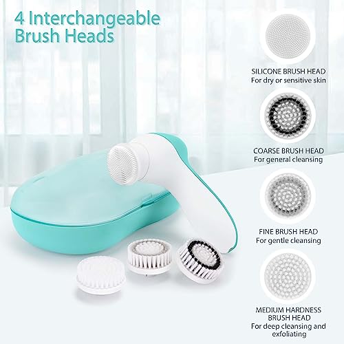 Rechargeable Facial Cleansing Spin Brush Set with 4 Exfoliating Brush Heads - Complete Face Spa System by CLSEVXY - Waterproof Face Scrubber for Gentle Exfoliation and Deep Scrubbing