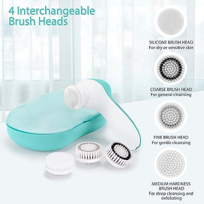 Rechargeable Facial Cleansing Spin Brush Set with 4 Exfoliating Brush Heads - Complete Face Spa System by CLSEVXY - Waterproof Face Scrubber for Gentle Exfoliation and Deep Scrubbing