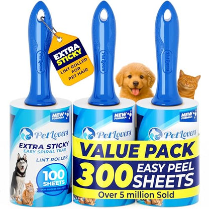 PetLovers Extra Sticky Lint Roller Value Set 300 Sheets for Pet Hair Removal, Dog and Cat Lint Remover 3 Pack - size: 3 Pack