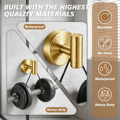 Suction Cup Hooks, Removable Shower Hooks, Brushed Gold, 2-Pack | No Wall Damage | Strong Hold on Tile, Glass & Mirrors | Kitchen & Bathroom Use | Perfect for Towels, Loofahs, Robes & Coats - style: Brushed Gold