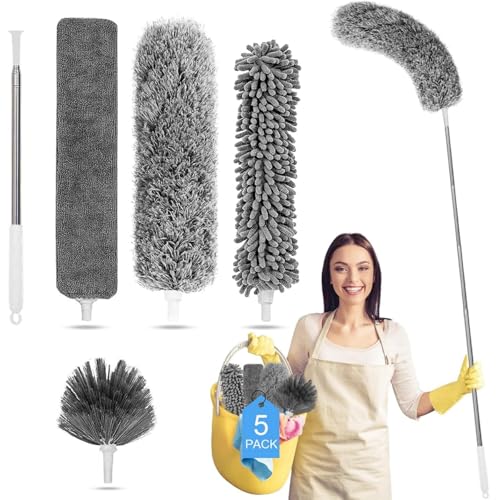 Tiumso Microfiber Feather Duster 5-in-1 Kit, Dusters for Cleaning, Duster with Extension Pole 100 Inches, Cobweb Duster, Microfiber Dusters for High Ceilings and Fans, Blinds, Cars and Furniture - color: A Gray