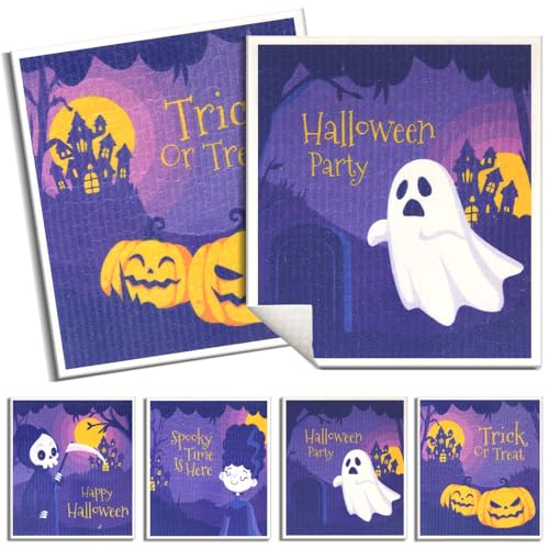 6 Pack Swedish Dishcloths for Kitchen |Watercolor Dish Towels | Reusable Paper Towels Washable | Non-Scratch Cellulose Sponge Cloths | No Odor, Biodegradable, Swedish Cloths, Halloween - color: W-halloween
