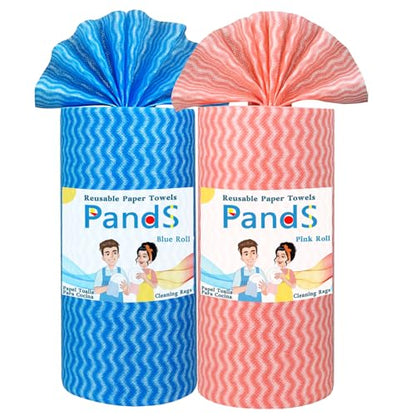 Washable Paper Towels Reusable 2 Pack, 120Ct Dish Cloths for Kitchen, Disposable Cleaning Wipes, Odor Free Quick Dry, Blue & Pink Rolls - color: Blue+pink, 2 Rolls