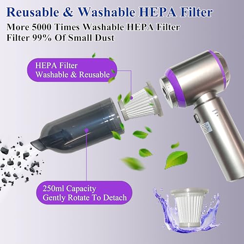 Handheld Car Vacuum Portable Cordless, 22000PA Mini Vacuum Cleaner & Air Duster, 5-in-1 High Power Suction Hand Held Vacuum Rechargeable Brushless Motor Vacuums for Car Home Office Pet, Purple