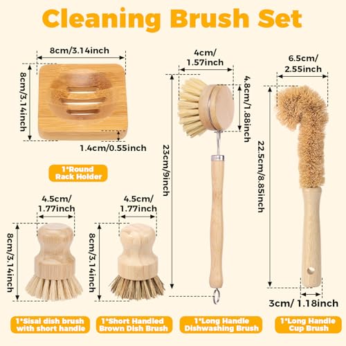 Bamboo Dish Brush Set, 5 Pcs Wooden Kitchen Scrubber – Long Handle Dish & Cup Brush, Short Handle Sisal & Coarse Brown Brush, Includes Square Tray, Ergonomic Natural Cleaning Kit for Pots Pans Bottles - color: Log Color 5pcs