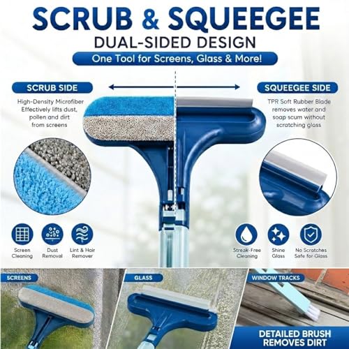 Window Screen Cleaner Brush, 3-in-1 Mesh Screen Cleaning Brush with Squeegee and Detachable Long Handle, Professional Soot and Dust Remover for Window, Patio, Door, Multi-Purpose Home Cleaning Kit