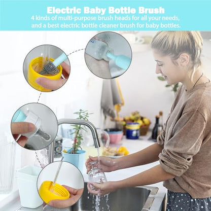 Electric Baby Bottle Brush Set with Rechargeable Electric Bottle Brush Cleaner and Replaceable Silicone Bottle Brushes and Straw Brush Cleaner, Waterproof Multi-Purpose Cleaning Brush(Blue) - color: Blue