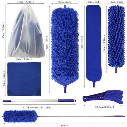 Dusters for Cleaning, 9 in 1 Kit 100” Feather Duster with Extension Pole, Retractable Bendable Washable, Cobweb Duster Chenille Gap Dust Brush Blind Duster for Cleaning High Ceiling Fans