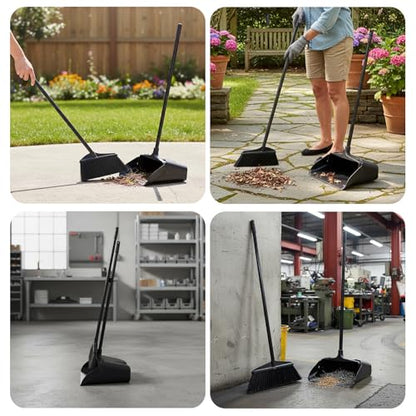 Broom and Dustpan Set with Long Handle and Wheels, Upright Standing Heavy Duty Large Dust Pan and Broom Combo for Indoor Outdoor, Kitchen, Garage, Restaurant Cleaning – Black