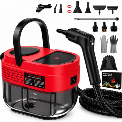 Handheld Steam Cleaner for Home, 2500W High Pressure Steam Cleaner for Car Detailing, 3 Steam Levels, 1600Ml Tank, High Heat Steamer for Bed Bugs, Couch, Furniture, Kitchen, Bathroom, Floors - color: Red