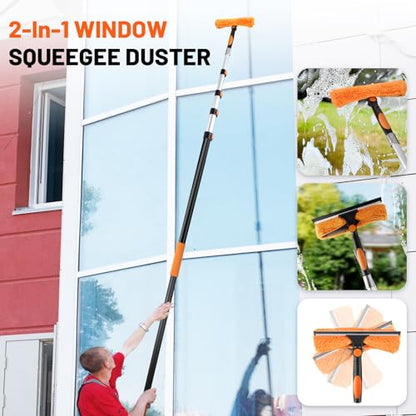 30ft High Reach Duster Kit with Extendable Pole (5-24ft),High Ceiling Duster Kit Includes–Ceiling Fan Blade Cleaner, Cobweb Remover, Bendable Duster, Microfiber Glass Scrubber & Squeegee & Swivel Head - size: 24 feet