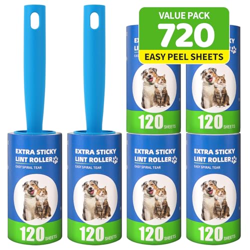 Lint Roller Refills with Handle 6 Pack (720 Sheets) | Extra Sticky, Fit 3.8"-4" Standard Size Lint Roller, Inner Diameter at 1.5", For Pet Hair, Clothes, Furniture, Cars - color: 6 Pack With Handle